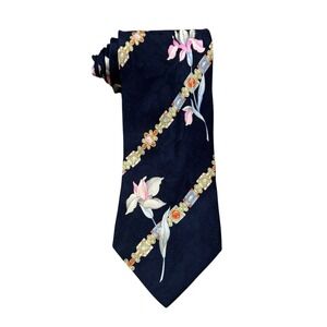 Leonard Paris Men's Tie Floral Flowers Navy Blue Silk 3.75" (W) x 60.5" (L) euc